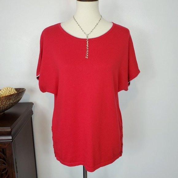 Westport Red With Silver Trim Knit Pullover Short Dolman Sleeve Top NEW Size XS - Picture 1 of 8